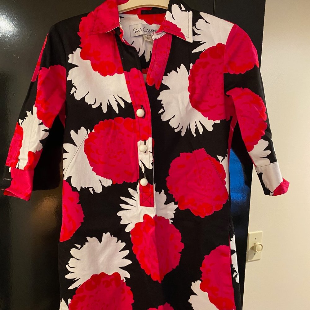 Sara Campbell Black Tunic with Fuchsia and White Floral Motif
